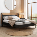 3 Pieces Modern Cannage Rattan Platform Queen Bed + Nightstandx2, Black