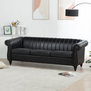 83.46" Black PU Rolled Arm Chesterfield Three Seater Sofa.