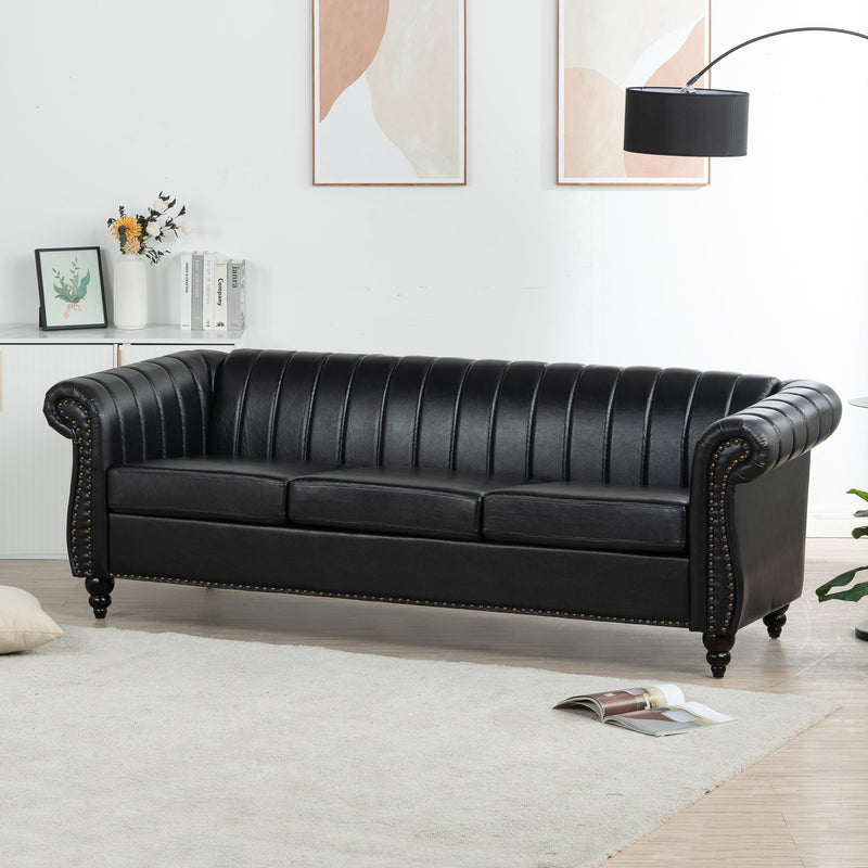 83.46" Black PU Rolled Arm Chesterfield Three Seater Sofa.