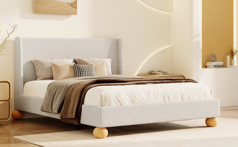 Walker Edison - Modern Boucle Upholstered Platform Bed with Wingback Headboard and Round Wooden Legs, Beige,Queen Size