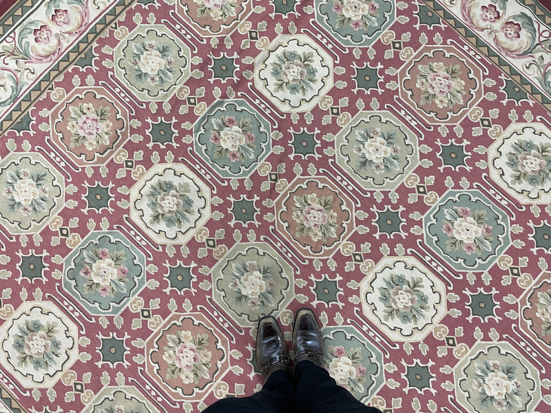 9x9 Square Rug Hand Knotted, Needlepoint Aubusson Carpet, Blush Red, Beige, Green, New, Mint Condition Area Rug, English European Design
