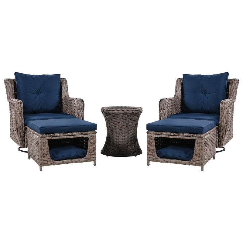 5 Pieces Outdoor Patio Furniture Set with Pet House Cool Bar and Retractable Side Tray, Rattan Wicker Patio Swivel Rocking Chairs Set of 2 with Ottomans for Backyard, Porch, Balcony, Navy Blue