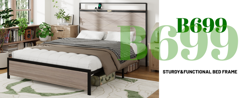 Bed frame king size, wooden platform bed frame with storage LED light headboard and 2 USB, no noise, no spring mattress required and simple assembly tools, large underbed storage, Antique Grey
