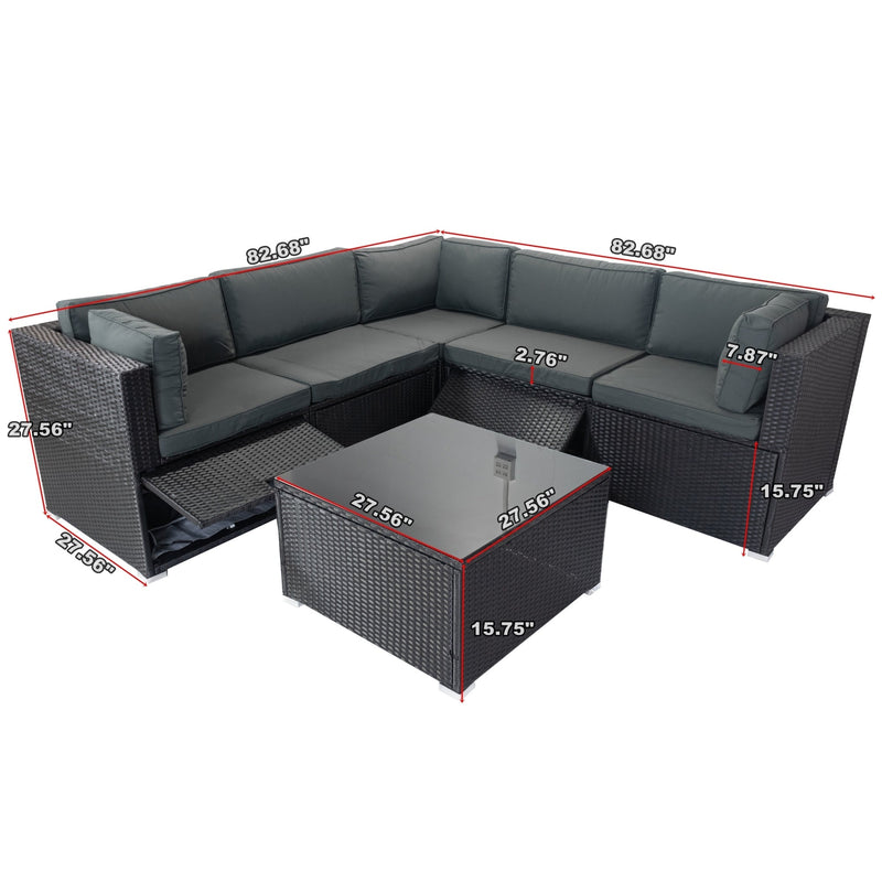 6 Pieces PE Rattan sectional Outdoor Furniture Cushioned Sofa Set with 3 Storage Under Seat Black Wicker + Dark Grey Cushion