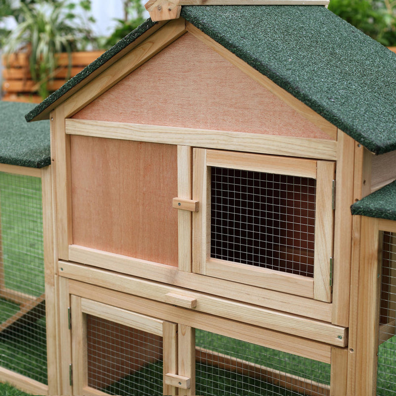 83"L Outdoor Rabbit Hutch, Guinea Pig Cage Indoor Outdoor Wooden Bunny Hutch with Double Runs, Weatherproof Roof, Removable Tray, Ramps, Natural