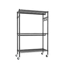 Heavy Duty Rolling Clothes Rack with 3 Tier Shelves, 2 Rails & Side Hooks, Adjustable Freestanding Organizer, Black Metal