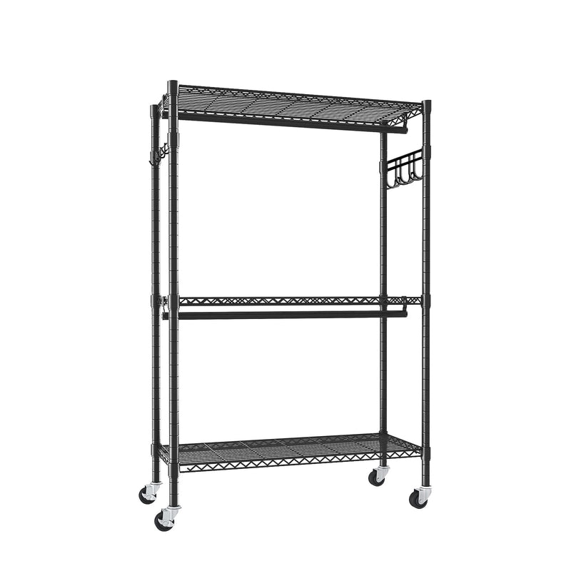 Heavy Duty Rolling Clothes Rack with 3 Tier Shelves, 2 Rails & Side Hooks, Adjustable Freestanding Organizer, Black Metal