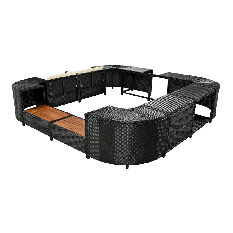 Walker Edison - Spa Surround Spa Frame Quadrilateral Outdoor Rattan Sectional Sofa Set with Mini Sofa,Wooden Seats and Storage Spaces, Beige