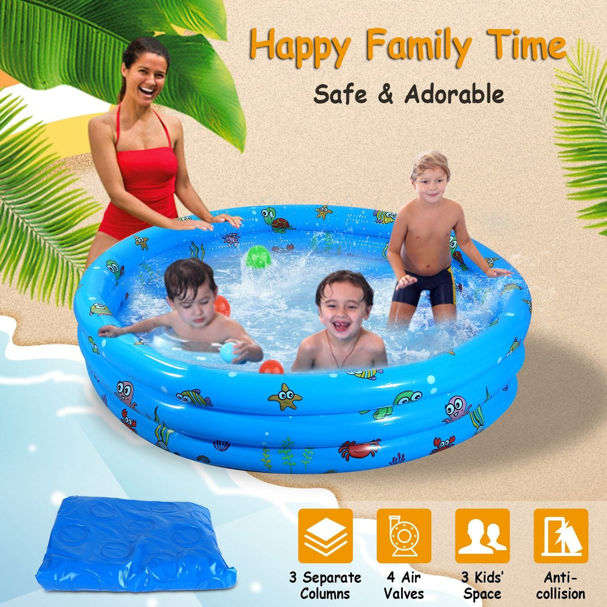 51x13Ó Inflatable Swimming Pool Blow Up Family Pool For 3 Kids Foldable Swim Ball Pool Center w/ 4 Valves Bottom Water Drain Plug For Indoor Backyard, photo 9 of 15