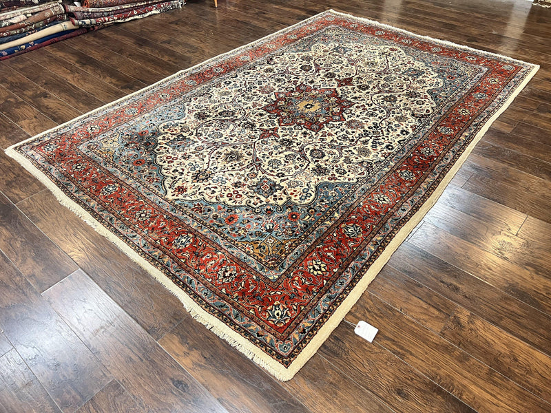 Persian Sarouk Rug 8x12, Wool Hand Knotted Antique Carpet, Floral Medallion, Cream Red, Traditional Oriental Rug