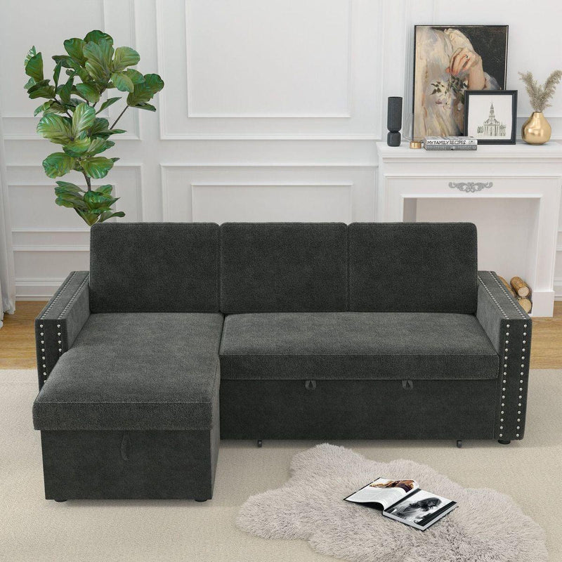 85 Inches Sofa Bed, 3 Seater Sleeper Sofa with Storage Chaise, Square Handrail With Pull and Copper nail,Chenille-Dark Grey, Pull Out Couch for Living Room