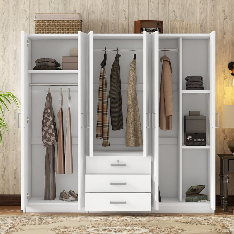 6-Doors Wooden Wardrobe Storage for Bedroom, with Big Drawers, White
