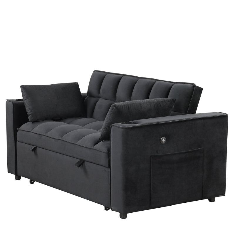 55.3" 4-1 Multi-functional Sofa Bed with Cup Holder and USB Port for Living Room or Apartments Black