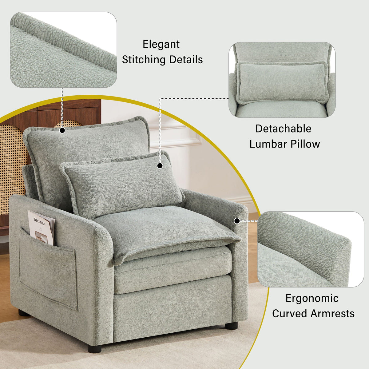 Modern Single Seat Accent Chair With Side Storage Pockets, photo 39 of 40