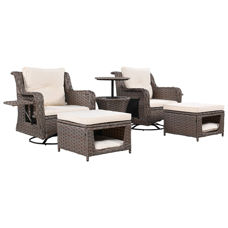 5 Pieces Outdoor Patio Furniture Set with Pet House Cool Bar and Retractable Side Tray, Rattan Wicker Patio Swivel Rocking Chairs Set of 2 with Ottomans for Backyard, Porch, Balcony, Beige