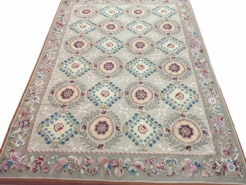 9x13 Needlepoint Carpet, French Design Rug, Hand-Knotted, Brand New Needlepoint Rug 9 x 13, English French European Style, Beige Floral