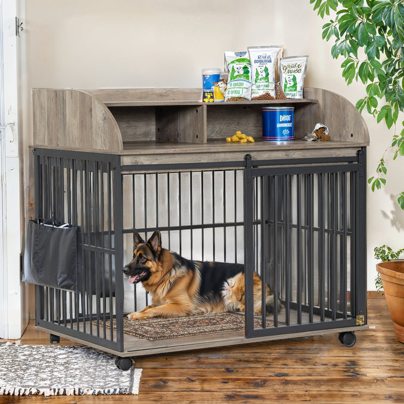 44" Heavy Duty Large Dog Crate Furniture for Large Medium Dog with Lockable Wheels, Wooden Dog Crate Dog Kennel, End Table Crate with Double layer storage, Gray