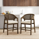 Wooden Frame Counter Stool with Rattan Back - Set of 2