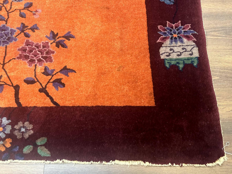 Chinese Art Deco Rug 5x8, Antique Chinese Wool Rug, Nichols Rug, Rare Chinese Carpet, Orange and Purple-Maroon