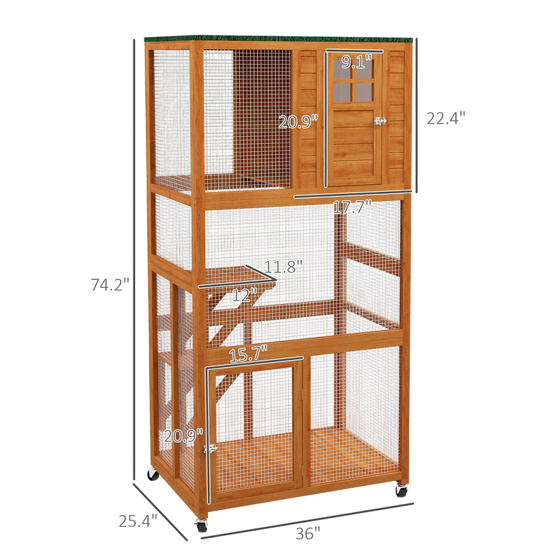 74" Wooden Outdoor Cat House Weatherproof & Wheeled, Catio Outdoor Cat Enclosure with High Weight Capacity, Kitten Cage Condo, Orange