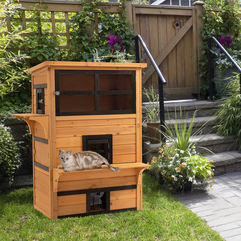 3-Story Cat House Feral Cat Shelter, Outdoor Kitten Condo with Raised Floor, Asphalt Roof, Escape Doors, Jumping Platforms, Yellow