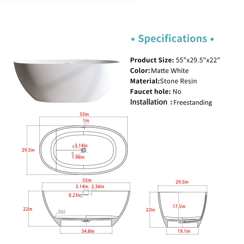 55" Solid Surface Matte Tub - Freestanding Soaking Bathtub, photo 6 of 10