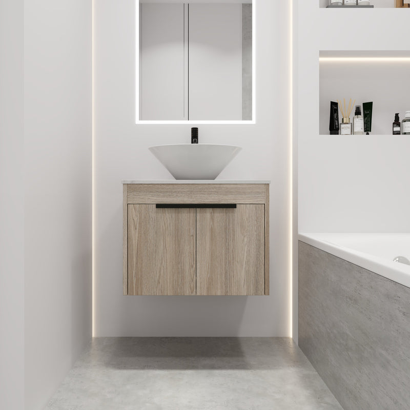24" Modern Design Float Bathroom Vanity With Ceramic Basin Set, Wall Mounted White Oak Vanity With Soft Close Door, KD-PackingD-Packing Pieces