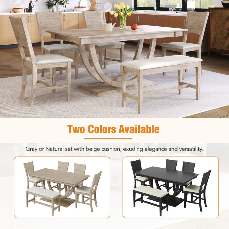 6-Piece Wood Half Round Dining Table Set Kitchen Table Set with Long Bench and 4 Dining Chairs, Modern Style, Natural