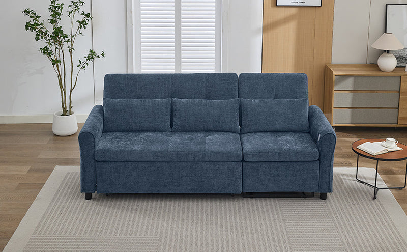 2-in-1 Sofa 82' Three-seater Sofa with Sofa Bed and Reversible Recliner, Blue Chenille