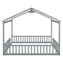 Double Twin House-Style Floor Bed with Fence, Guardrails, without door, Grey(Old Sku:W504P143316)