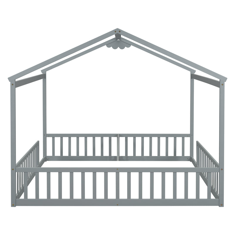 Double Twin House-Style Floor Bed with Fence, Guardrails, without door, Grey(Old Sku:W504P143316)