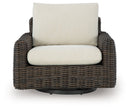 Kimora - 7 Pc. - 4-Piece Outdoor Sectional, Swivel Glider Lounge, Cocktail Table, End Table - Beige / Dark Brown