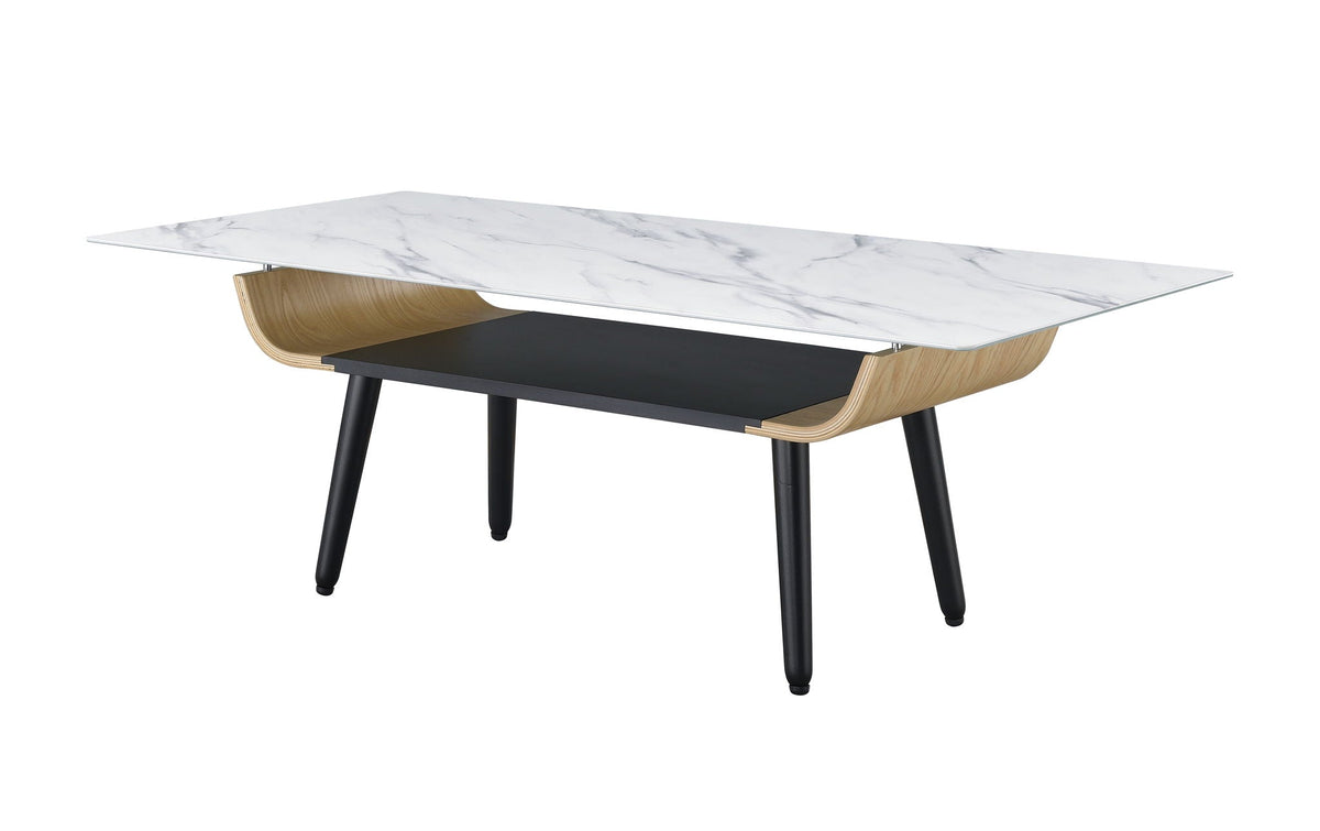 Landon - Coffee Table With Glass Marble Texture Top And Bent Wood Design, photo 11 of 15