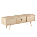 55.12" Rattan TV cabinet, double sliding doors for storage, adjustable shelf, solid wood legs, TV console for living room, natural