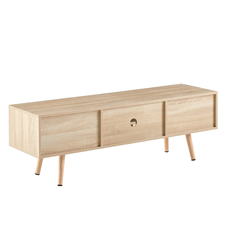 55.12" Rattan TV cabinet, double sliding doors for storage, adjustable shelf, solid wood legs, TV console for living room, natural