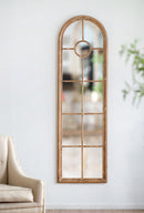 Half Round Elongated Mirror With Decorative Window Look Classic Architecture Style Solid Fir Wood Interior Decor - Brown by HouseOfZazla