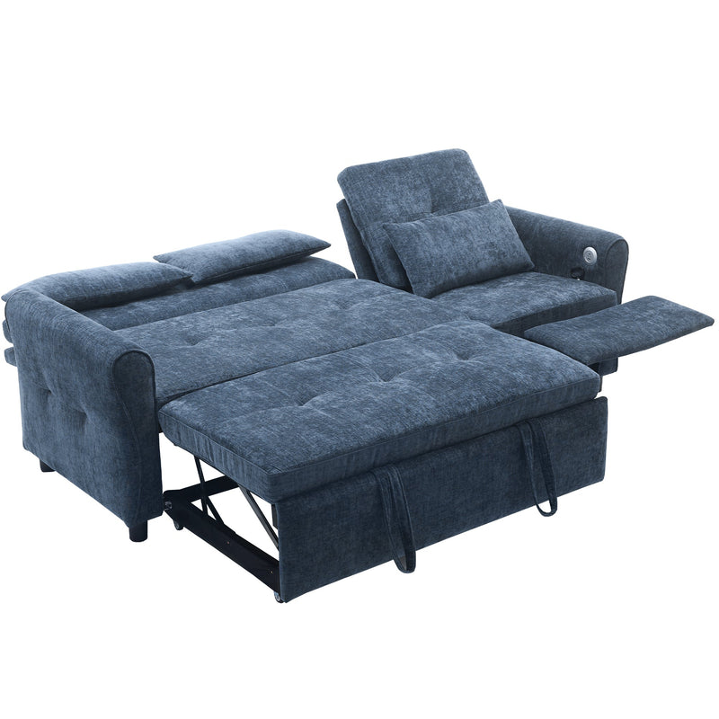 2-in-1 Sofa 82' Three-seater Sofa with Sofa Bed and Reversible Recliner, Blue Chenille