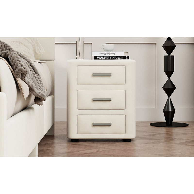 3 Pieces Bedroom Sets Queen Size Velvet Upholstered Platform Bed Vertical Channel Tufted Headboard and Two Three-drawer Nightstands,Beige