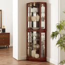 6 Shelf Corner Curio Display Cabinet with Lights, Mirrors and Adjustable Shelves, Cherry