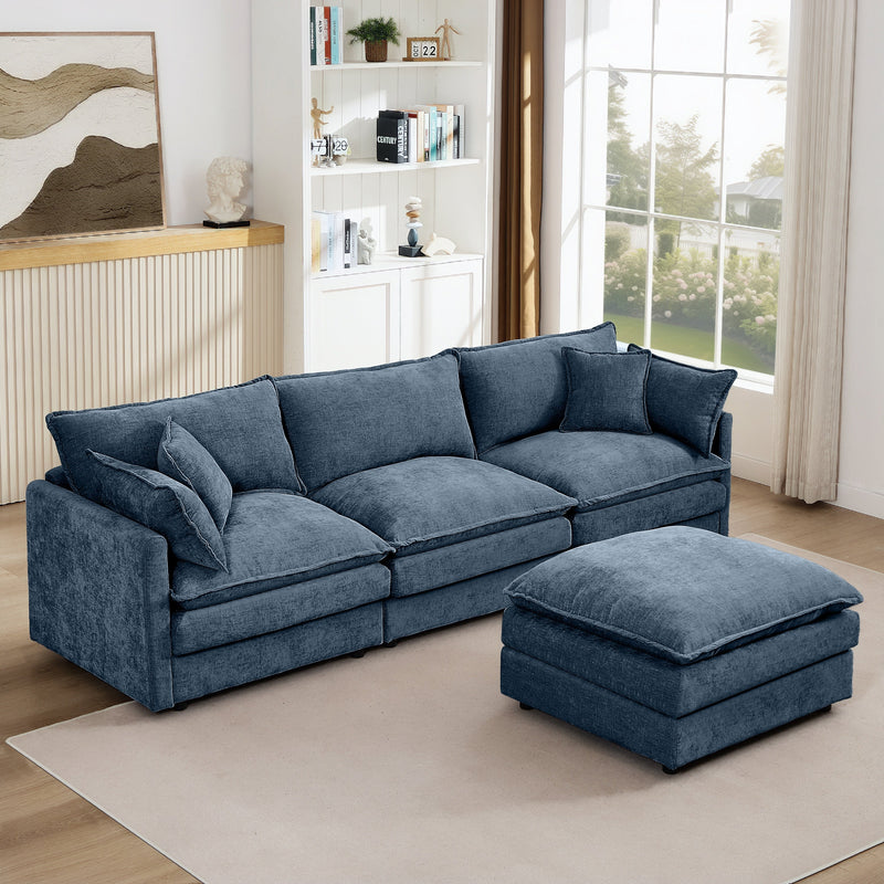 Modern Modular Sectional Sofa 105-Inch L-Shaped Couch Set with Movable Ottoman in Blue Chenille