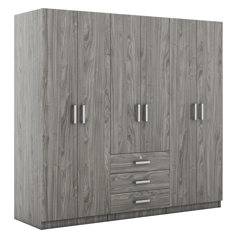 6-Doors Wooden Wardrobe Storage for Bedroom, with Big Drawers, Gray