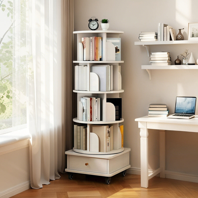 5 Tier Rotating Bookshelf with Wheels and Drawer, 360° Spinning Design, Space Saving Storage, for Home and Office, White MDF