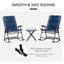 3 Piece Outdoor Patio Furniture Set with Glass Coffee Table & 2 Folding Padded Rocking Chairs, Bistro Style for Porch, Camping, Balcony, Navy Blue