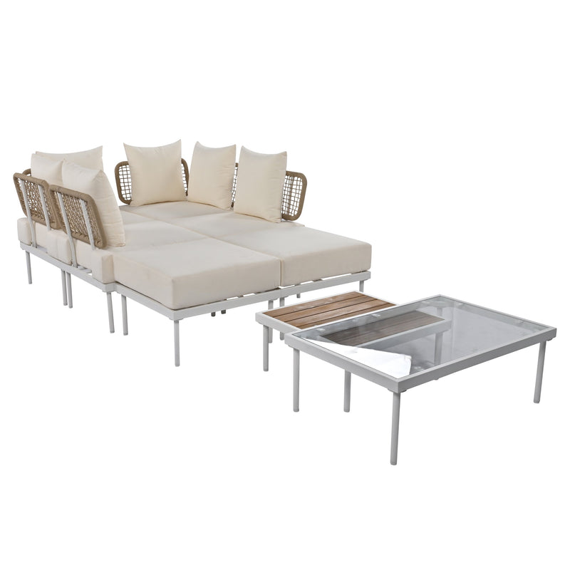 Walker Edison - 8-Piece Patio Sectional Sofa Set with Tempered Glass Coffee Table and Wooden Coffee Table for Outdoor Oasis, Garden, Patio and Poolside (Beige Cushion + White Steel)