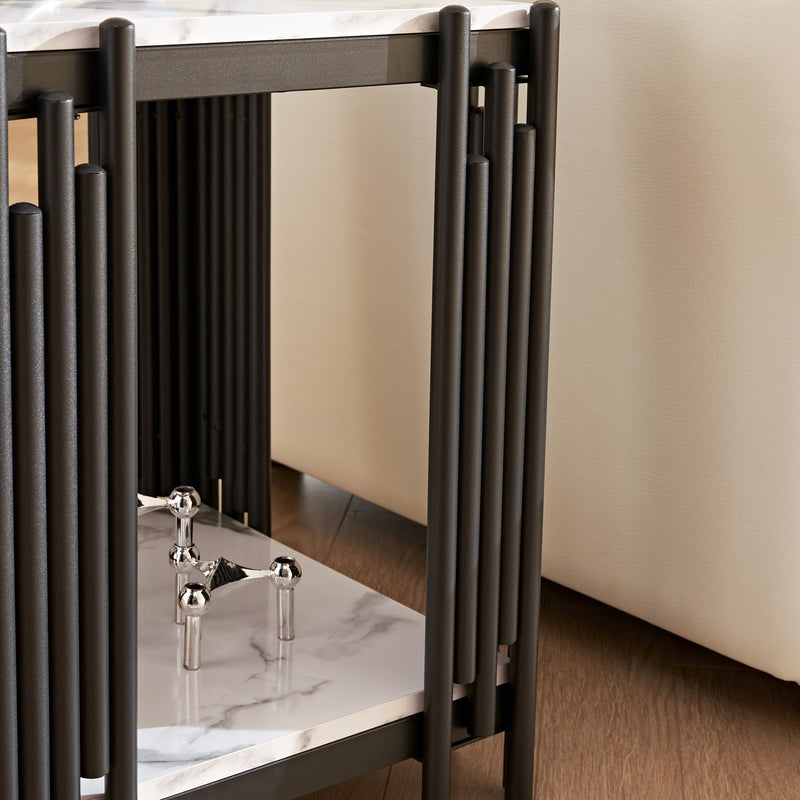 2-Tier Side Table, Faur Marbling End Table, Narrow Side Table with Storage Shelves, Modern Design Beside Table, Wood Nightstand for Living Room, Bedroom, and Office, Easy to Assembly, Black