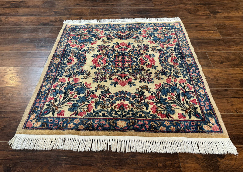 Square Persian Kerman Rug 4x4, Ivory Blue Pink, Handmade, Fine 225 KPSI