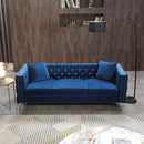 2 Piece Modern Velvet Living Room Set with Sofa and Loveseat, Jeweled Button Tufted Copper Nails Square Arms, 4 Pillows Included, Blue