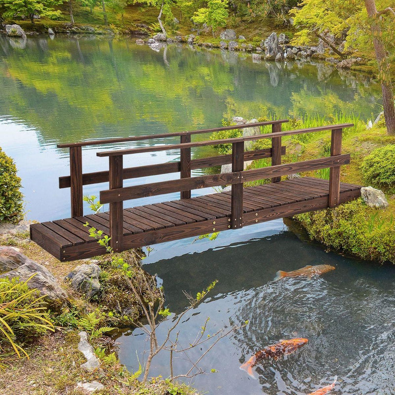 7' Wooden Garden Bridge with Safety Rails, Backyard Footbridge for Ponds, Creeks, Streams, Stained Finish