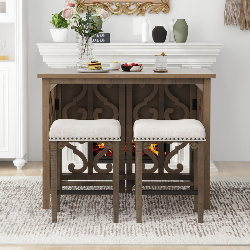 3-Piece Retro Dining Set Solid Wood Counter Height Pub Set Foldable Table with 2 Saddle Stools for Kitchen, Small Space (Distressed Brown)