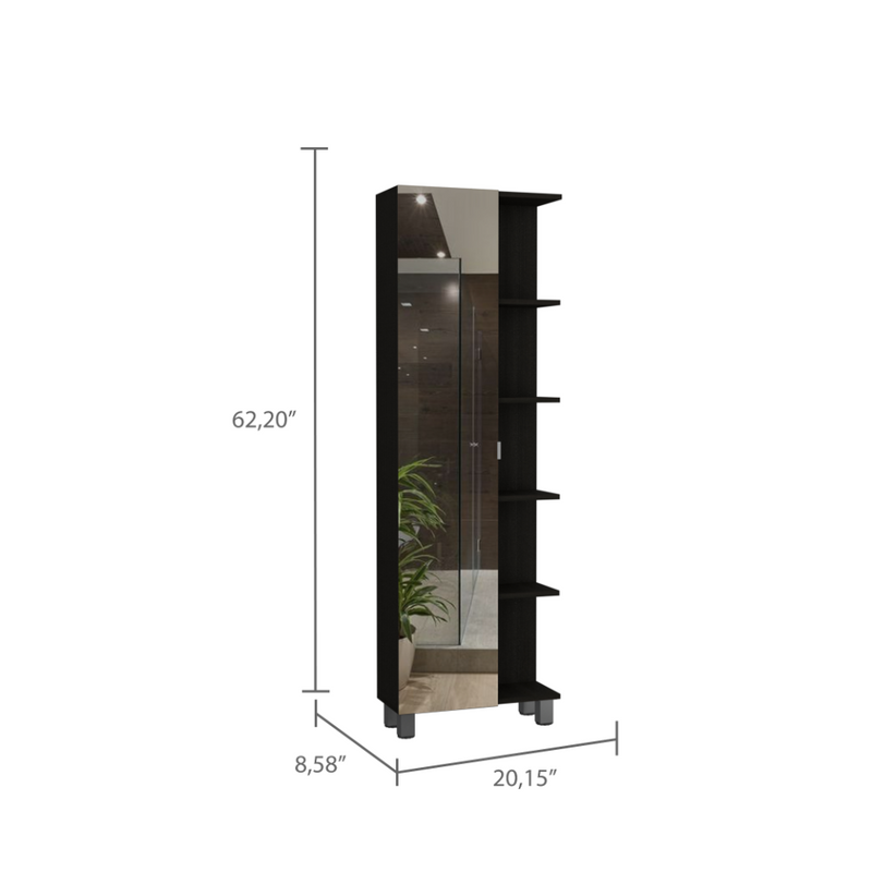 Urano Mirror Linen Cabinet, Four Interior Shelves, Five External Shelves -Black